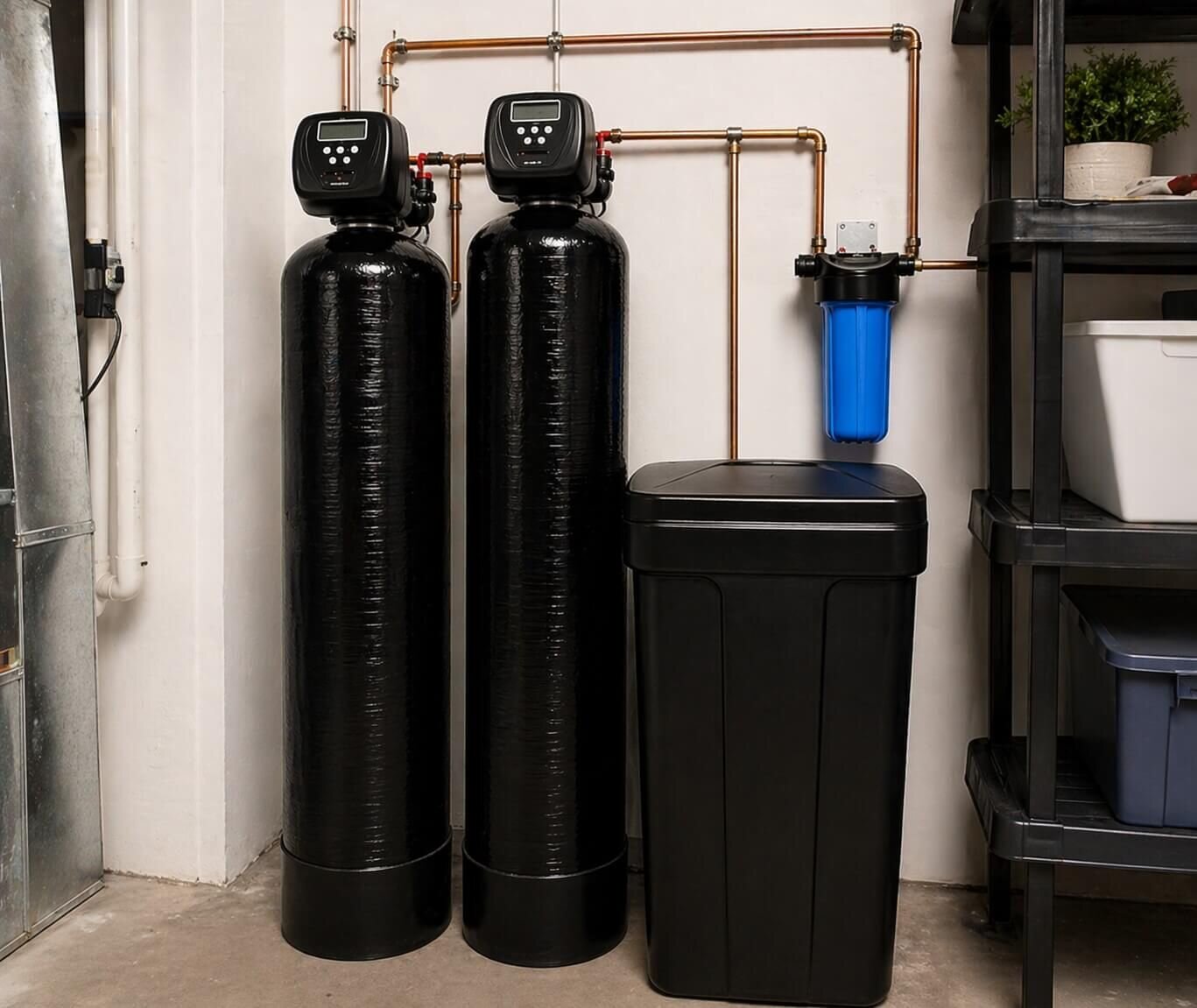 Twin water softener tanks with an inline filtration unit and salt bin in a residential utility area.